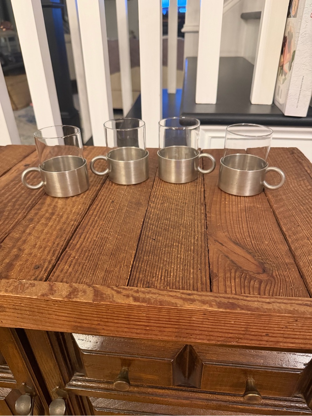 Set of 4 Glass Cups with Pewter Holders